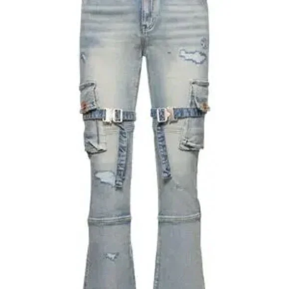 HOMME + FEMME LA distressed flare cargo jeans w/straps washed LIGHT PINK - Picture 1 of 9